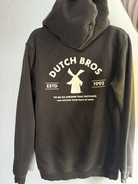 Dutch Bros Black Hoodie with White Peace Hand Patch
